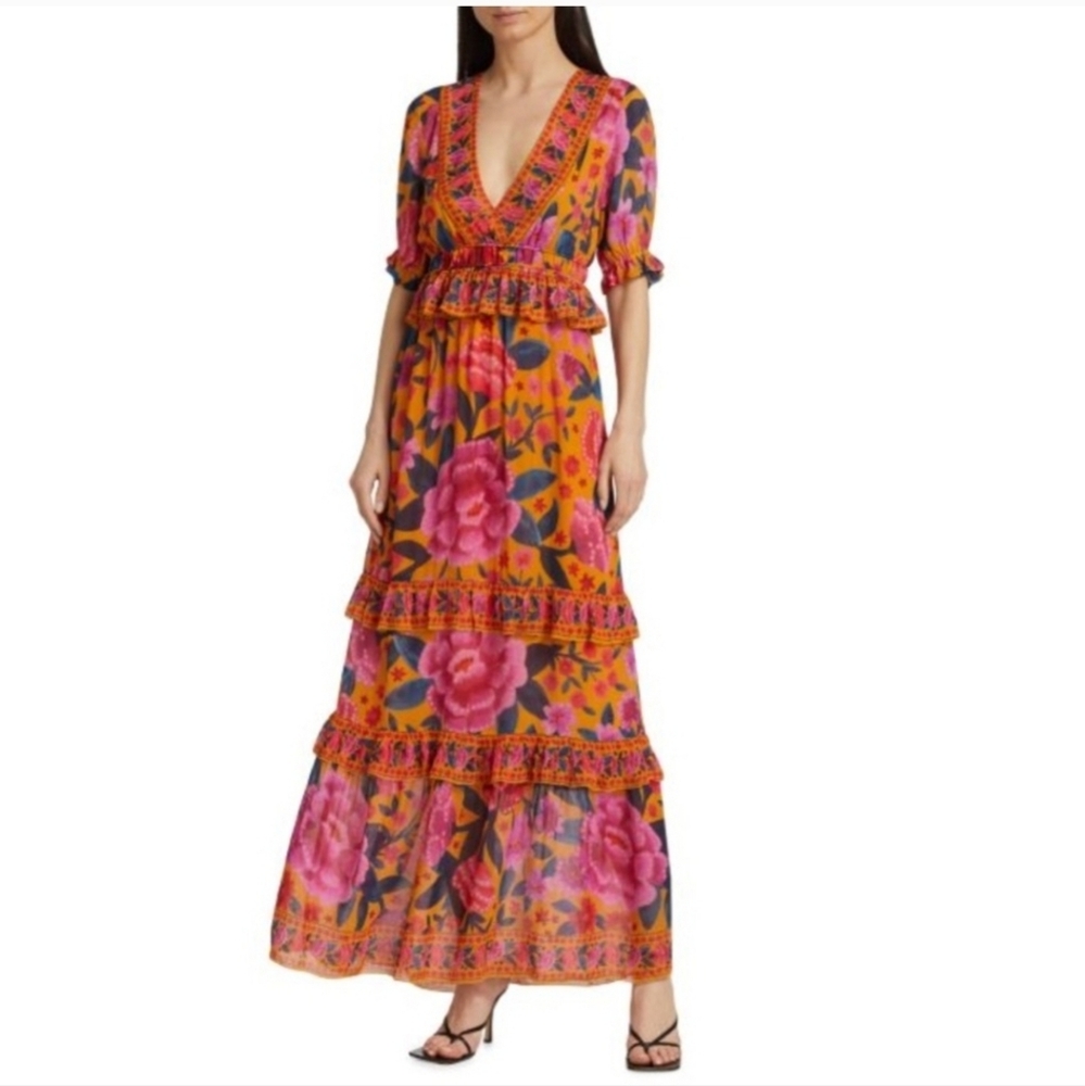 FARM RIO S Floral V-Neck Maxi Dress - Multicolor
